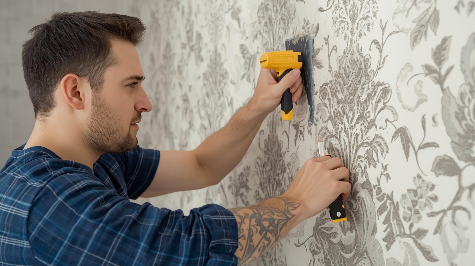 Artisan peintre de Peinture 40-64 posant un papier peint panoramique haut de gamme dans un salon à Biarritz.