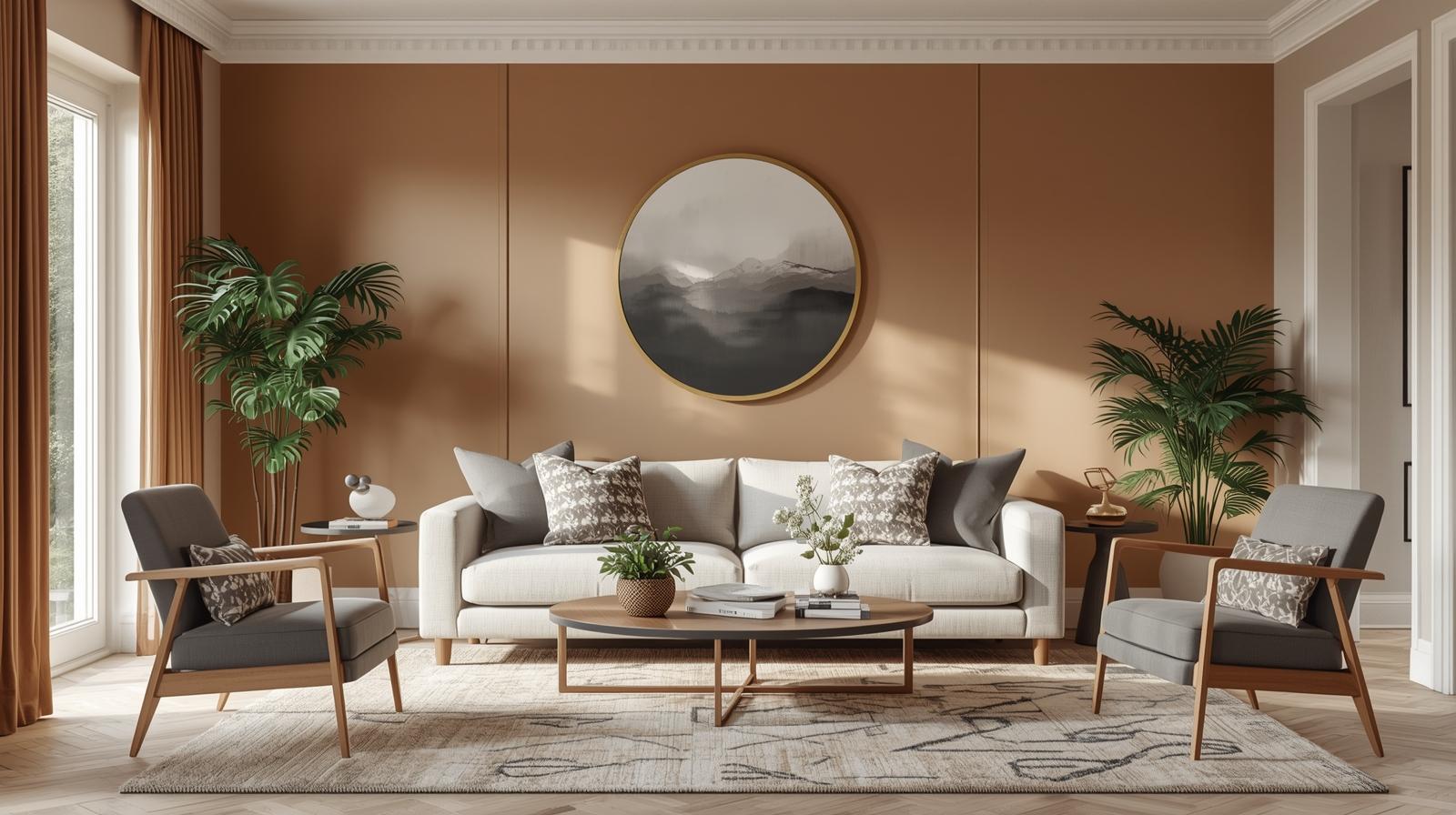 Ambiance salon aux couleurs tendance 2026, tons terre cuite et vert olive, réalisée par un artisan peintre à Dax (40).