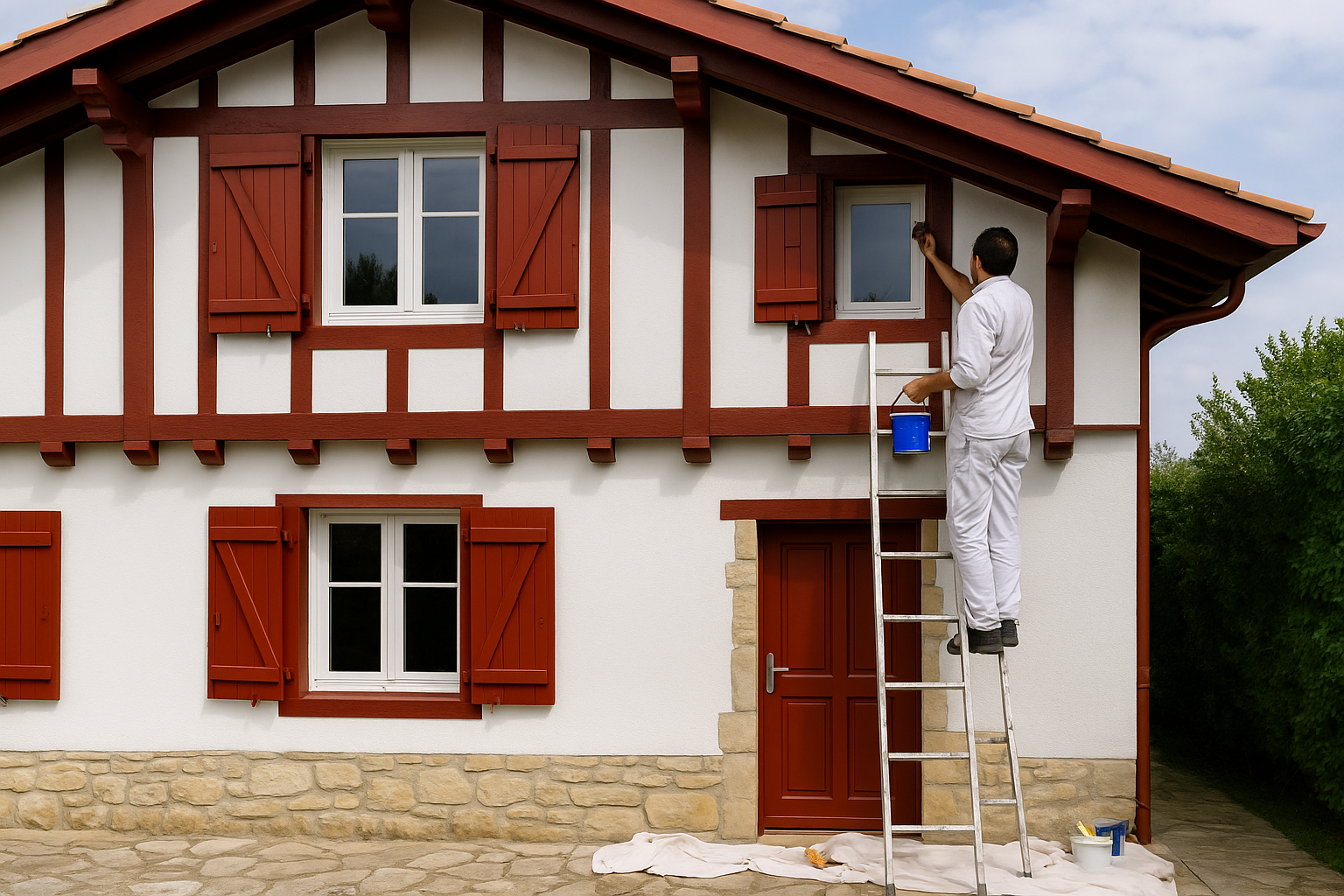 Peinture Maison Basque Façade blanche d’une maison basque avec volets en bois rouges typiques du Pays Basque