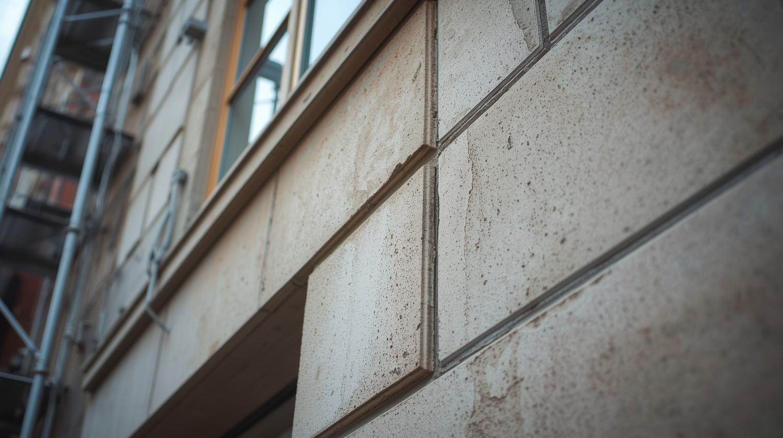 Mur extérieur avec traces de pollution et micro-organismes avant l'intervention de nettoyage de l'entreprise Peinture 40-64.