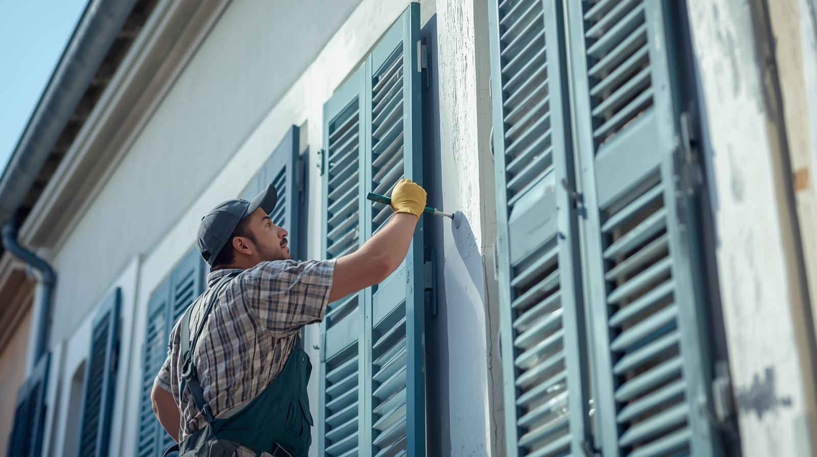 Ravalement de façade d'une maison basque avec peinture rouge basque typique sur colombages et volets, réalisé par un artisan peintre.