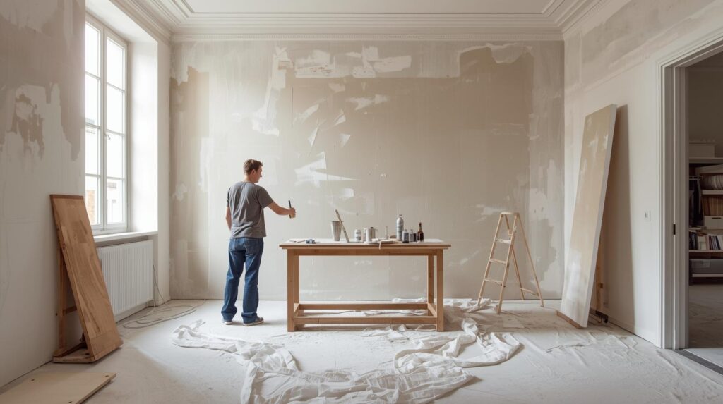 Artisan peintre à Biarritz sur échafaudage réalisant la mise en peinture des volets bleus d'une villa traditionnelle basque.