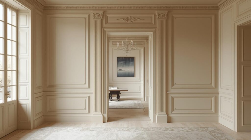 Artisan peintre à Biarritz sur échafaudage réalisant la mise en peinture des volets bleus d'une villa traditionnelle basque.