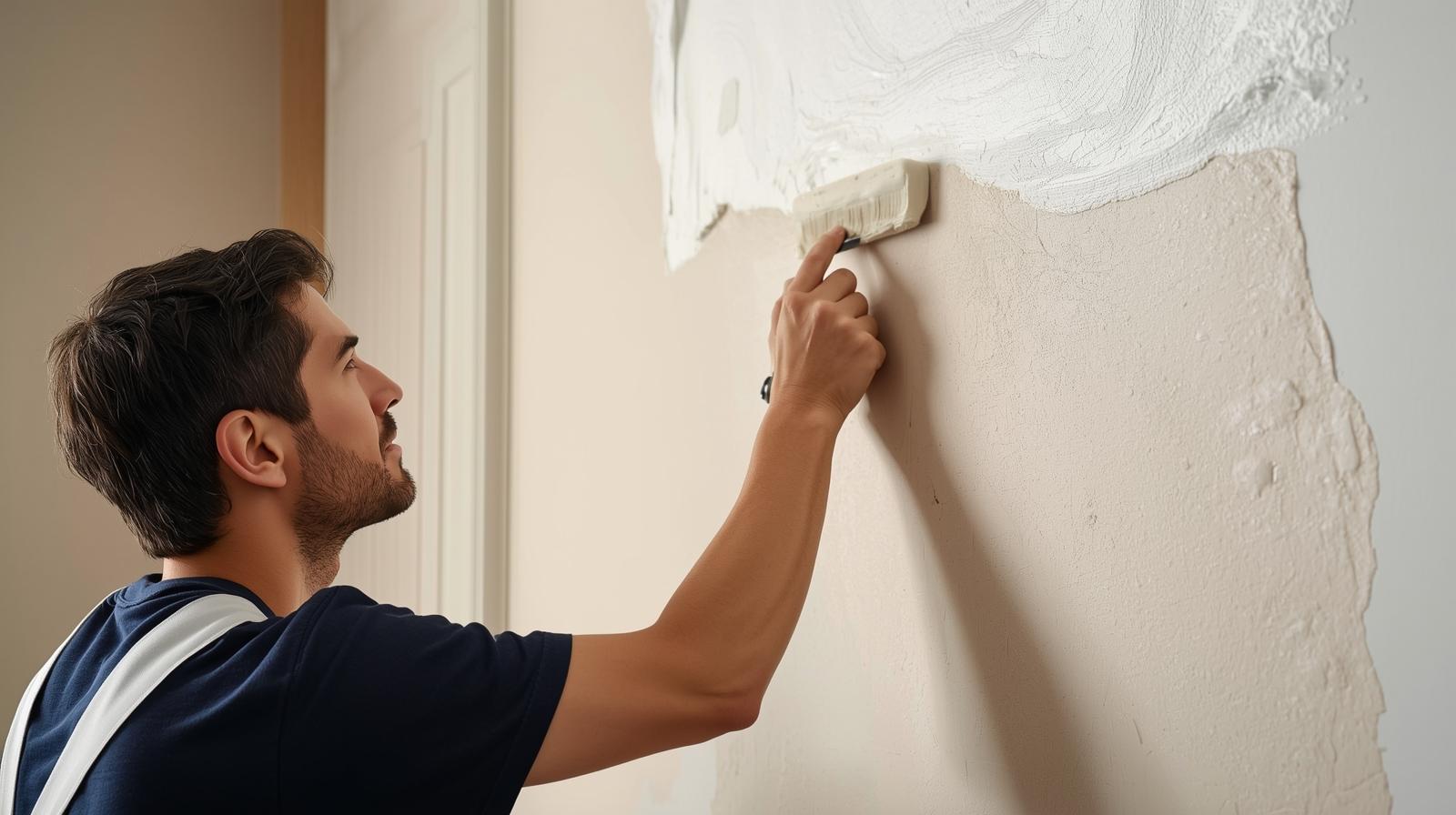 Salon élégant rénové par un artisan peintre à Biarritz, murs tons sable et bleu abysse avec vue sur l'océan.