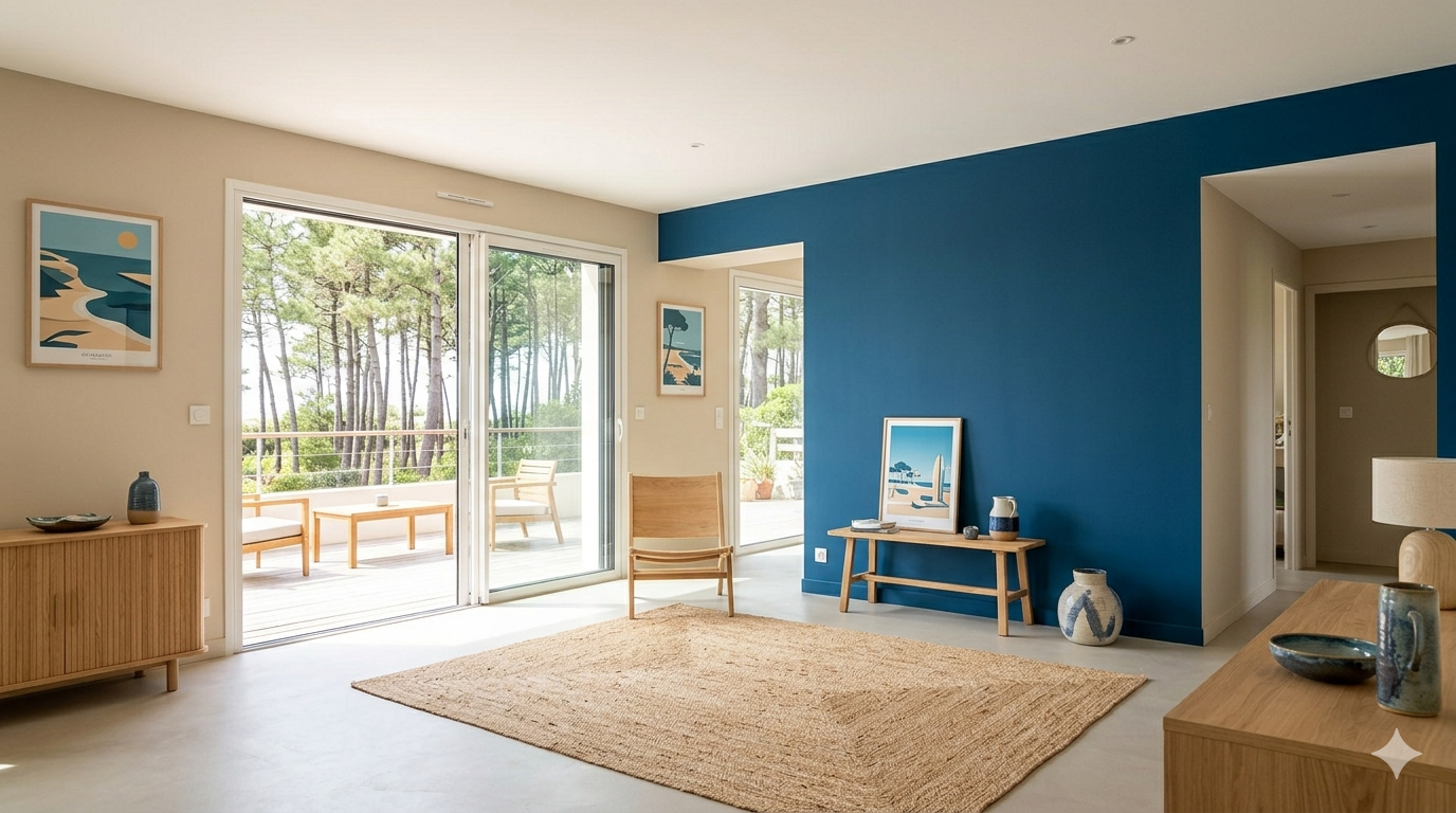 Salon lumineux à Capbreton avec peinture murale mate velours bleu abyssal et gris dune.