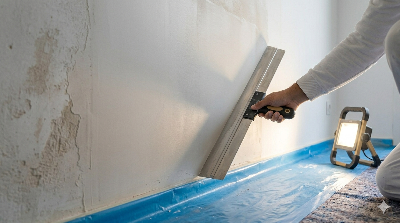 Artisan peintre effectuant un ratissage et un enduit de lissage sur un mur intérieur avant peinture à Capbreton.