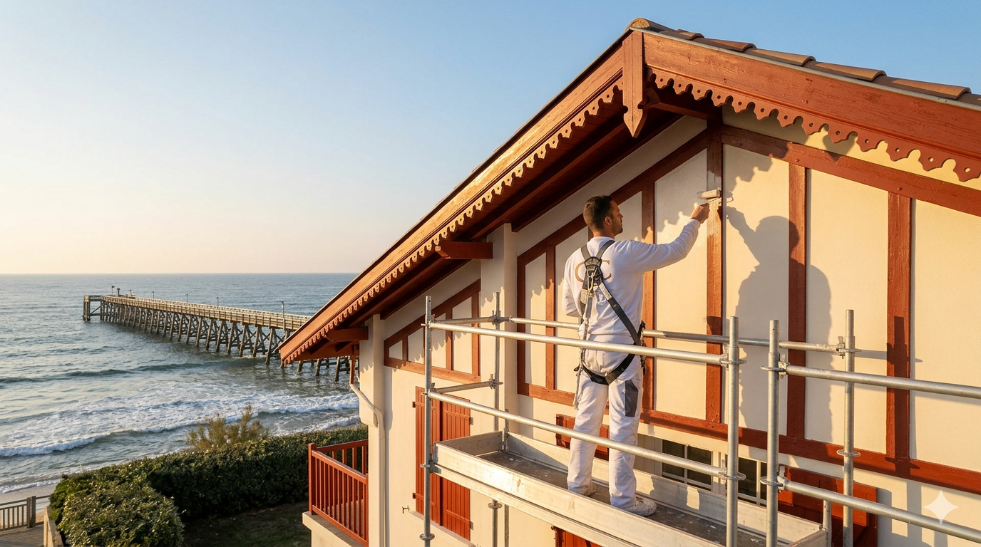 Artisan peintre effectuant le ravalement de façade d’une villa landaise face à l’océan à Capbreton.