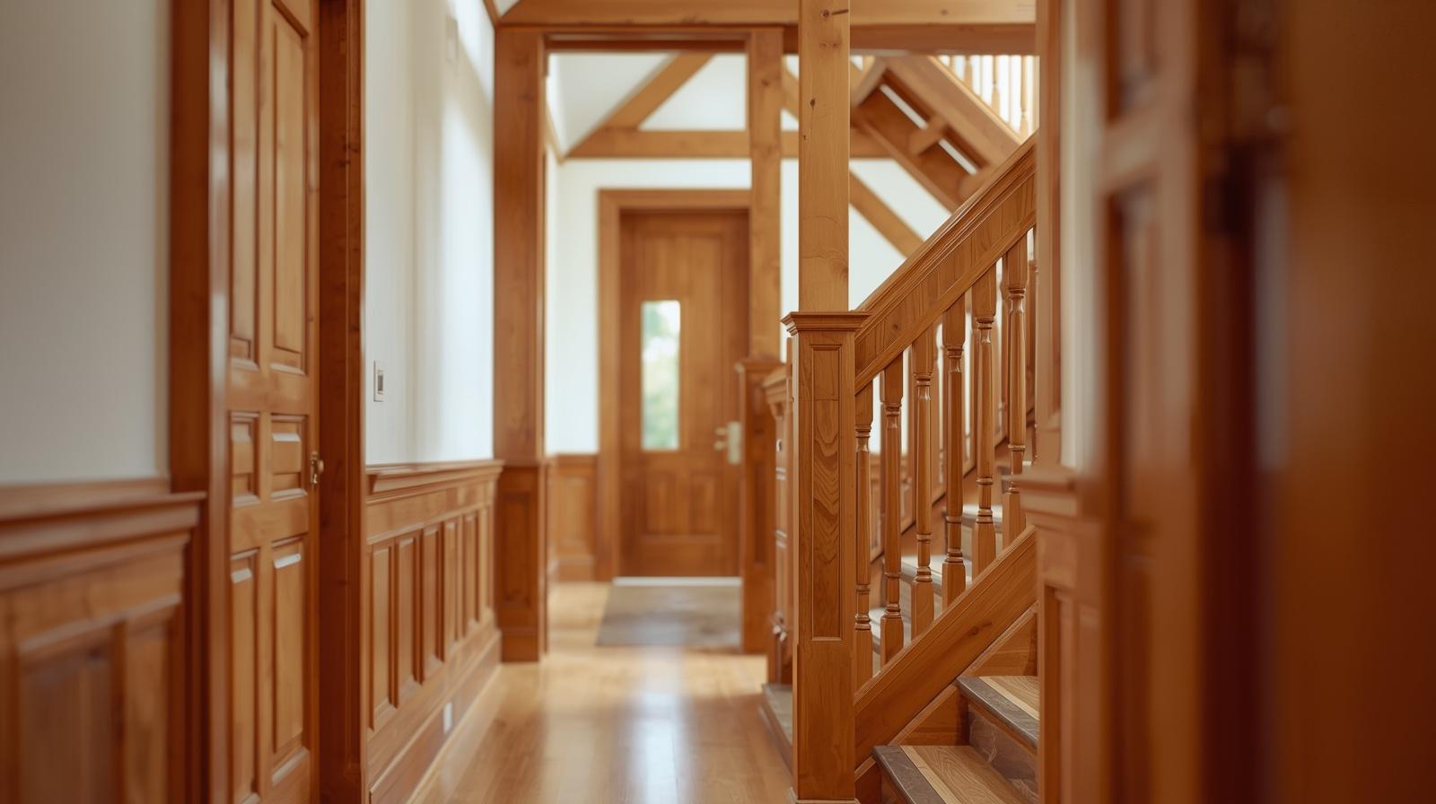 Artisan appliquant un vernis de finition protecteur sur une rampe d'escalier en chêne dans une maison rénovée.