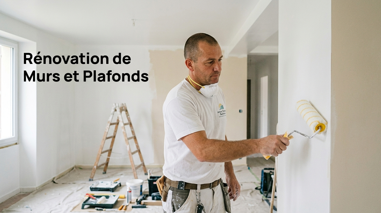 Artisan appliquant la peinture de finition sur un mur parfaitement lisse après une rénovation complète (rebouchage, ratissage).