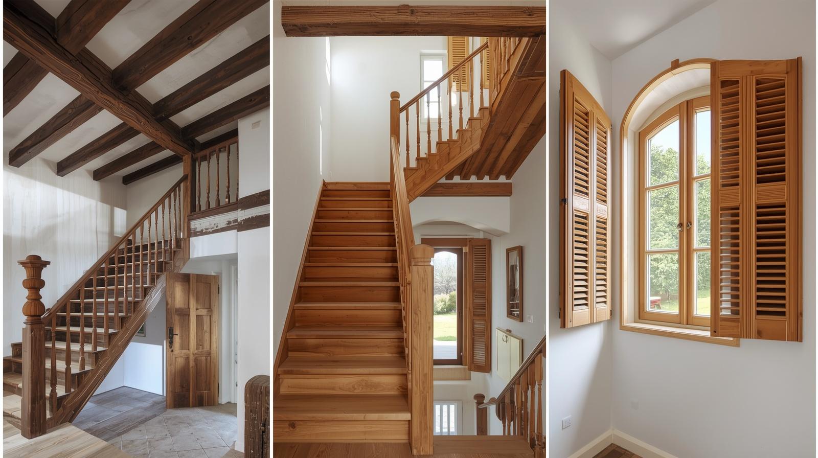 Artisan peintre rénovant un escalier en chêne et modernisant des poutres apparentes dans une maison traditionnelle du Sud-Ouest.