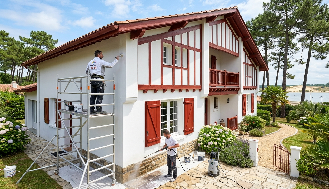 Ravalement de Façade à Hossegor : Artisan peintre Peinture-40-64.fr effectuant un ravalement de façade sur une villa de style basco-landais avec colombages rouges à Dax et hossegor