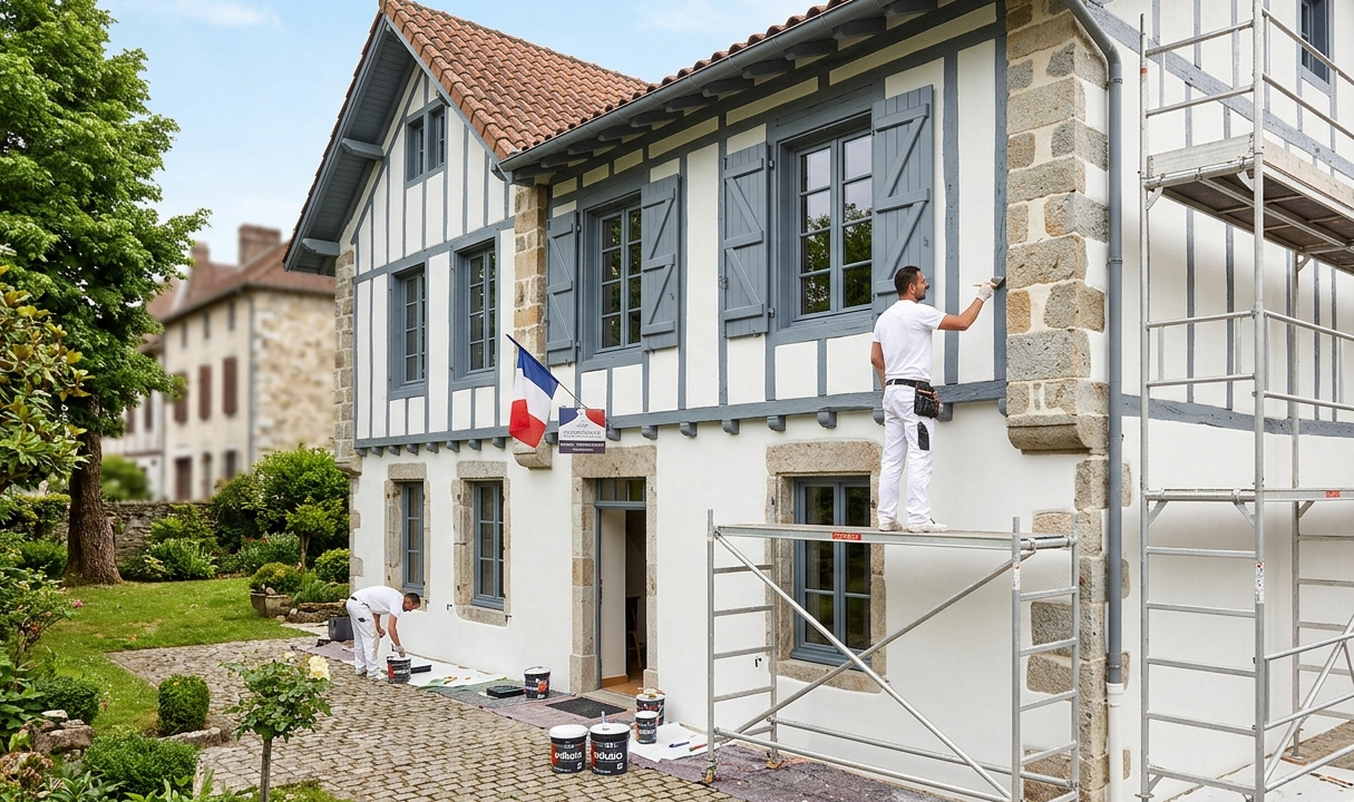 Artisan Peintre à Orthez : Artisan peintre de Peinture 40-64 réalisant le ravalement de façade d'une maison béarnaise traditionnelle à Orthez, avec mise en peinture moderne des boiseries en gris ardoise.