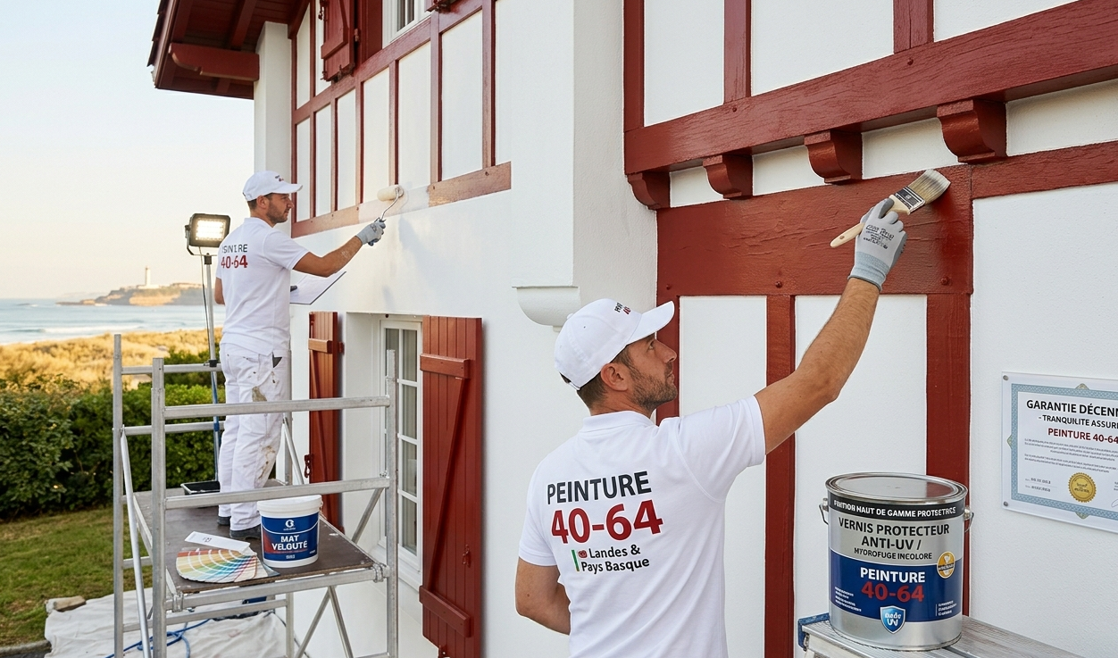 Équipe d'artisans peintres Peinture-40-64.fr effectuant les finitions haut de gamme sur une villa à Biarritz, avec application de vernis protecteur anti-UV, présentation des textures mat et satiné, et attestation de garantie décennale visible.