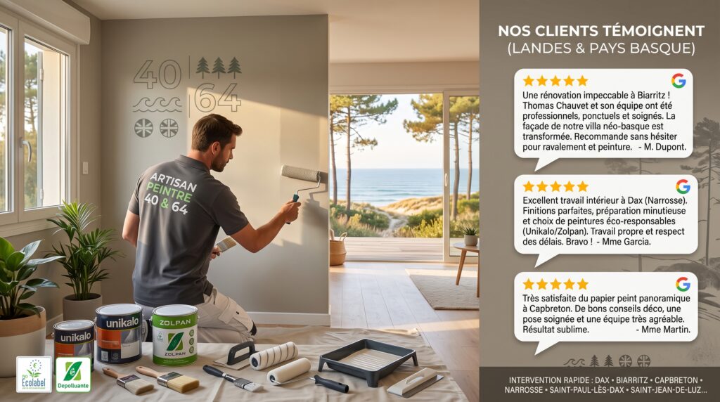 Découvrez les avis de nos clients satisfaits à Dax, Bayonne, Biarritz et Capbreton. Lisez pourquoi Artisan Peintre 40 & 64 est recommandé dans le 40/64. Devis 48h.