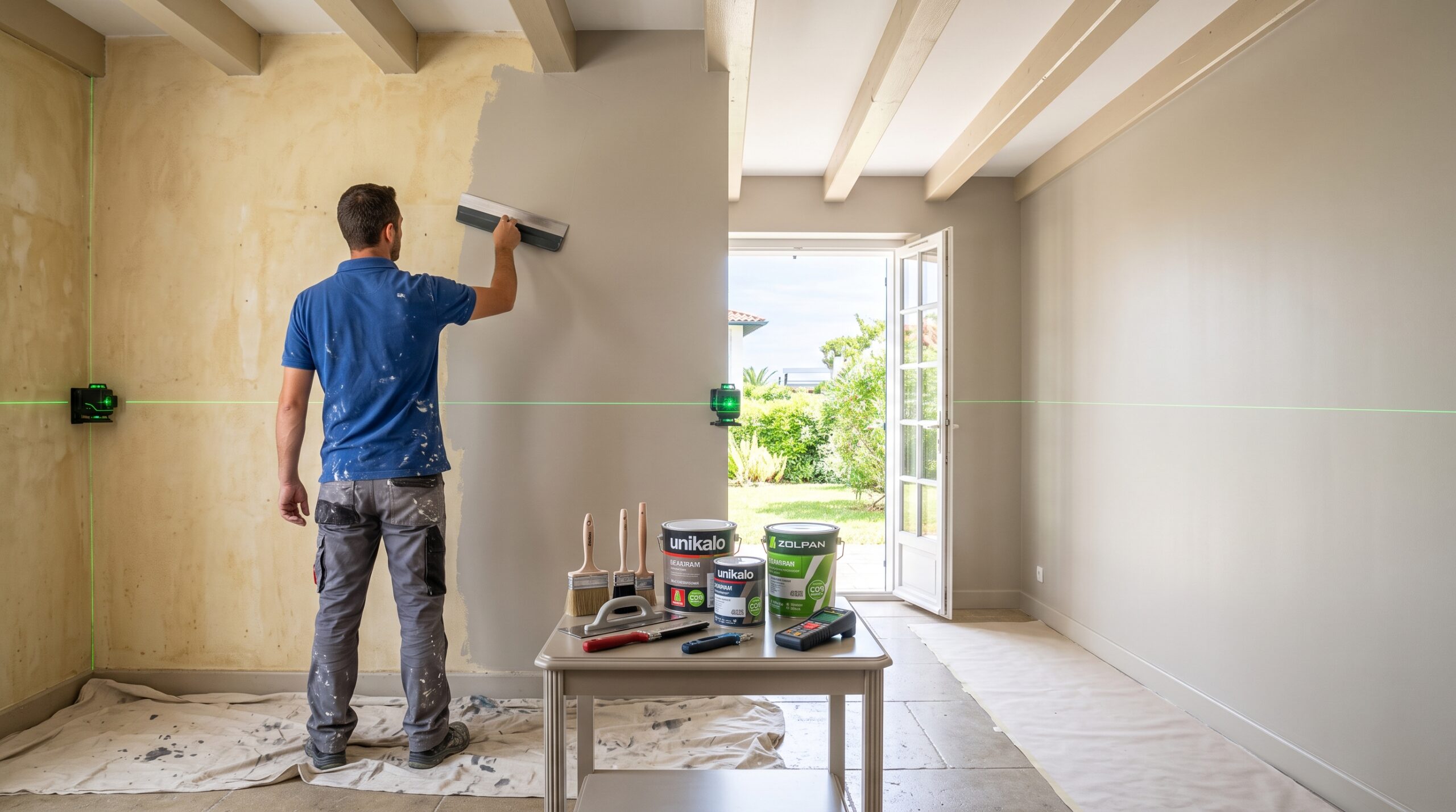 Artisan peintre appliquant un enduit de ratissage au lisseur sur un mur intérieur avant peinture, avec du matériel professionnel Unikalo et Zolpan.