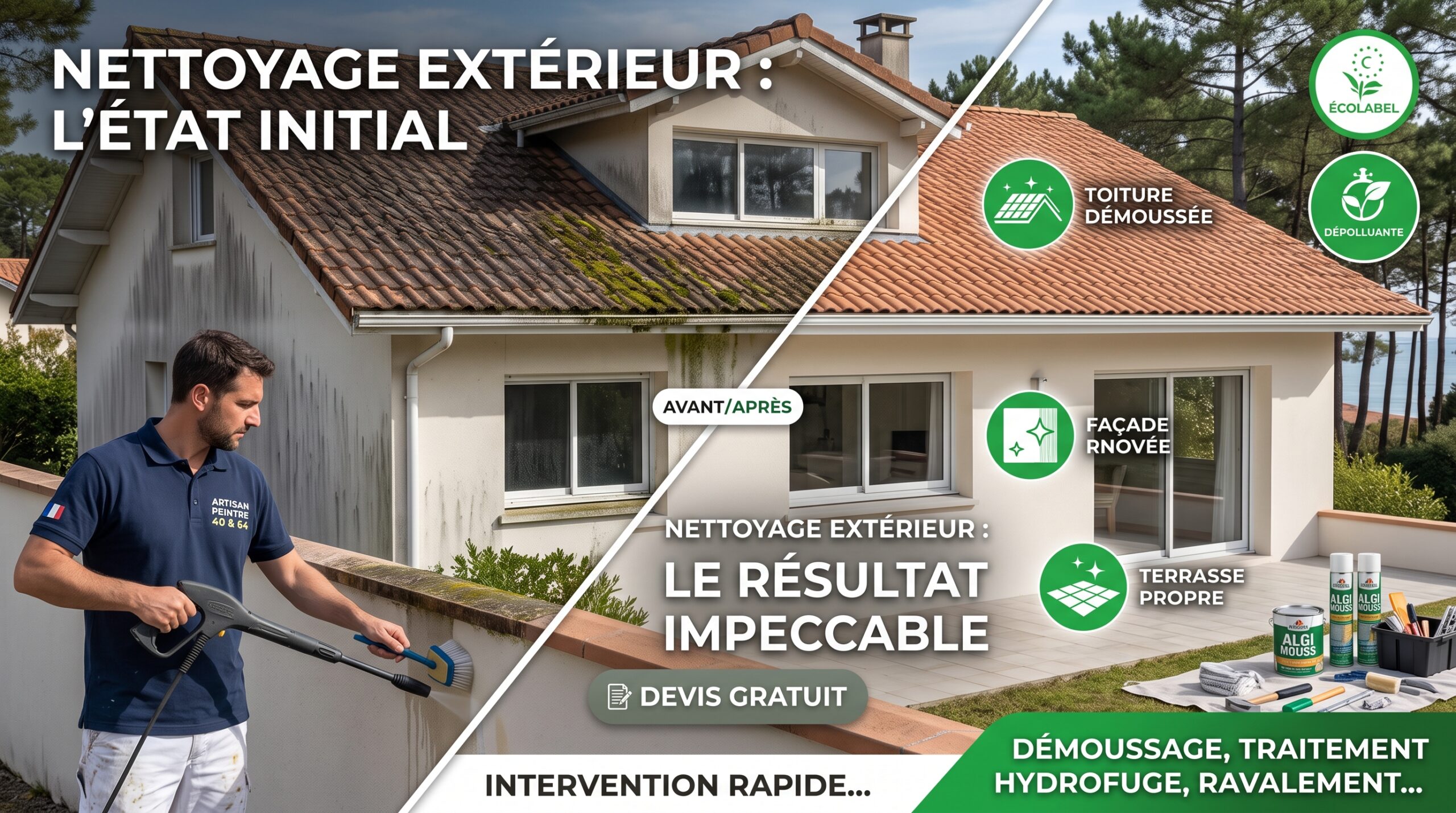 Nettoyage extérieur : Infographie montrant le nettoyage extérieur avant/après d'une maison dans le 40/64. Toiture, façade et terrasse nettoyées. Intervention par Artisan Peintre 40 & 64. Label Ecolabel présent.