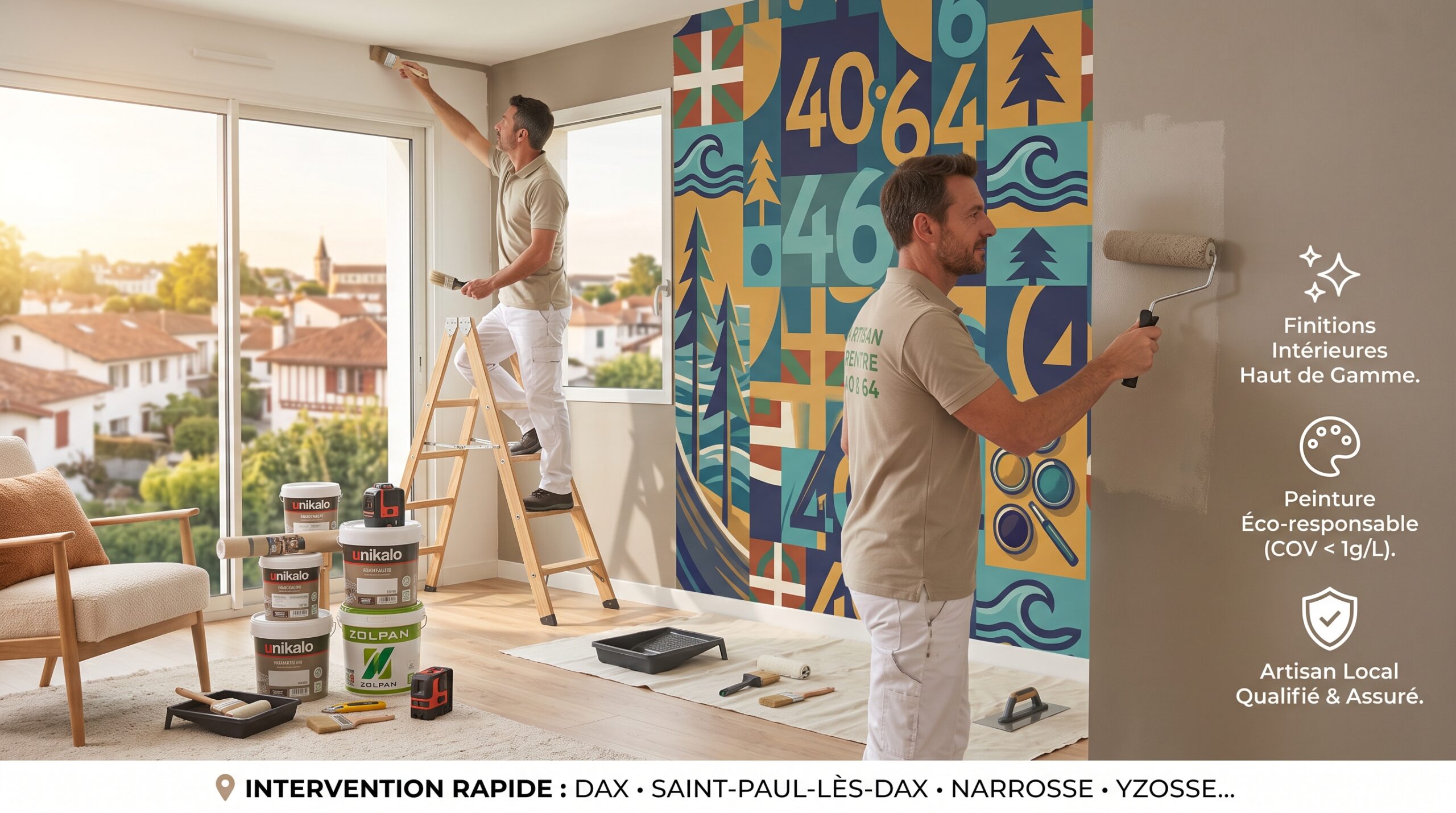 Peintre en Bâtiment à Dax (40100) : Artisans peintres effectuant des travaux de peinture intérieure et de ravalement de façade à Dax, avec une fresque murale graphique et les logos Unikalo/Zolpan.