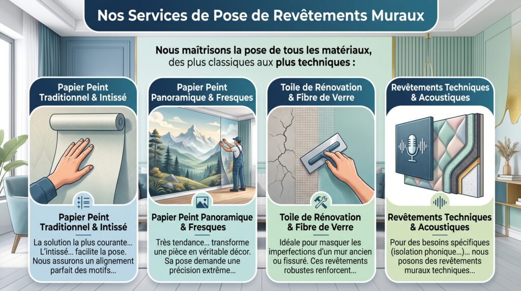 Pose de papier peint Artisan peintre en blanc appliquant soigneusement un lé de papier peint panoramique au motif de paysage montagneux sur un mur intérieur