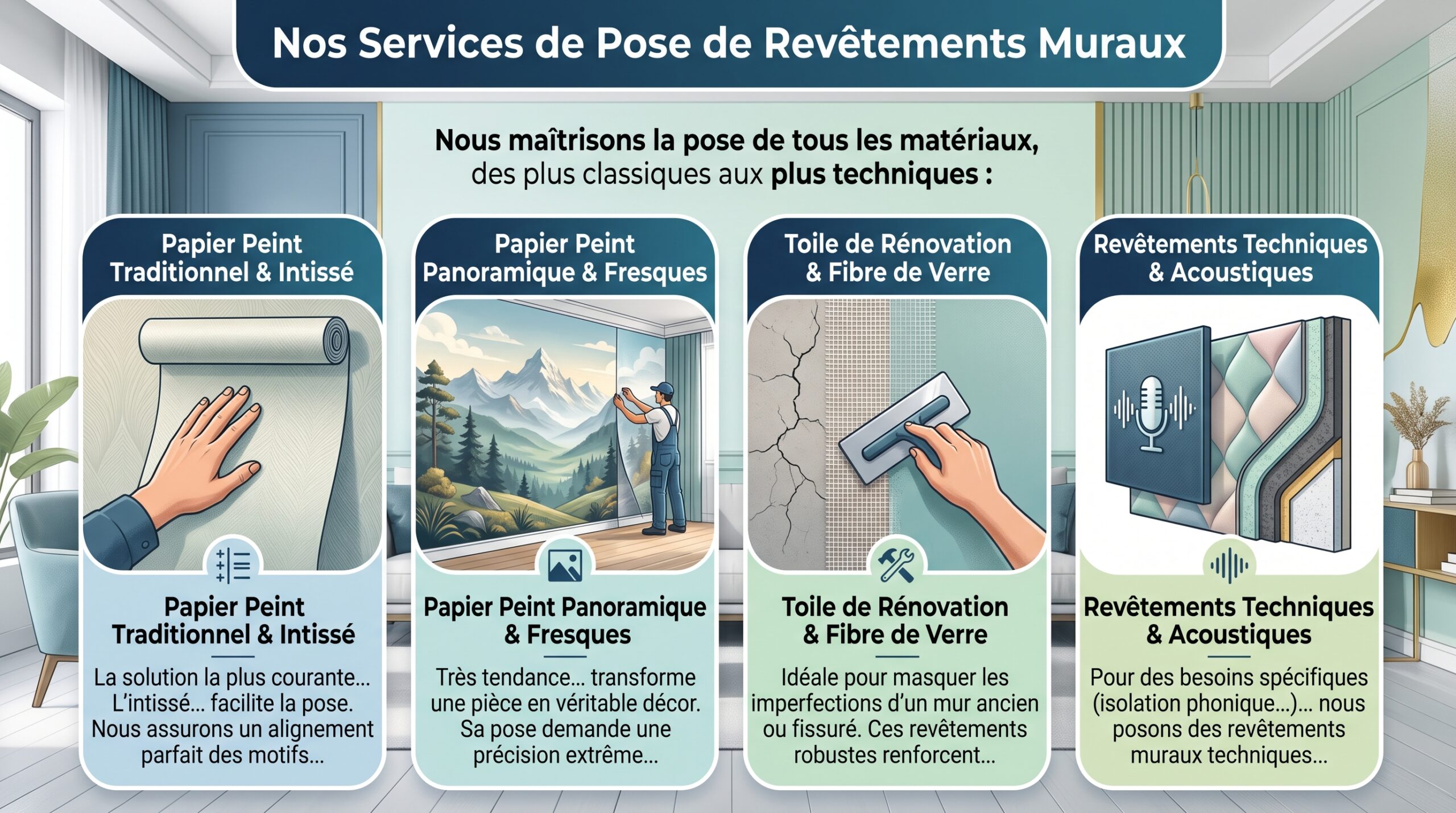 Pose de papier peint Artisan peintre en blanc appliquant soigneusement un lé de papier peint panoramique au motif de paysage montagneux sur un mur intérieur