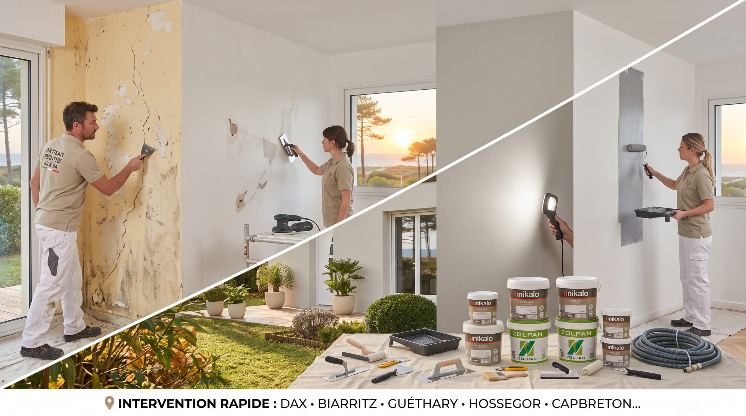 Comparaison avant-après d'un ravalement de façade méthodique à Labenne. À gauche, mur sale, fissuré et moisi. À droite, artisan peintre professionnel appliquant la sous-couche sur un mur réparé, propre et lisse, garantissant adhérence et durabilité. Intervention rapide dans les Landes et le Pays Basque.