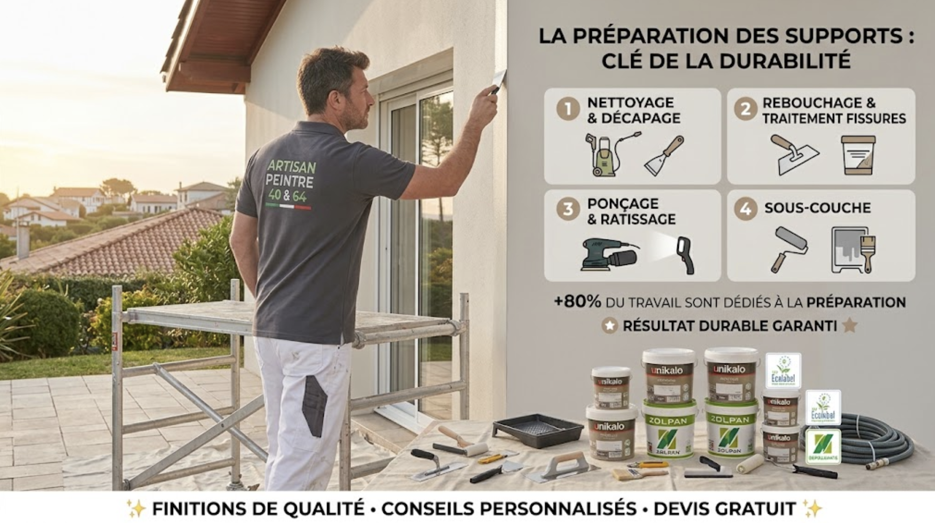 Comparaison avant-après d'un ravalement de façade méthodique à Labenne. À gauche, mur sale, fissuré et moisi. À droite, artisan peintre professionnel appliquant la sous-couche sur un mur réparé, propre et lisse, garantissant adhérence et durabilité. Intervention rapide dans les Landes et le Pays Basque.