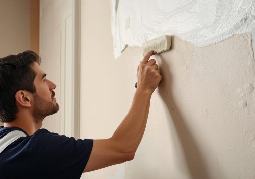 Salon élégant rénové par un artisan peintre à Biarritz, murs tons sable et bleu abysse avec vue sur l'océan.