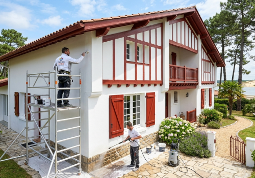 Ravalement de Façade à Hossegor : Artisan peintre Peinture-40-64.fr effectuant un ravalement de façade sur une villa de style basco-landais avec colombages rouges à Dax et hossegor