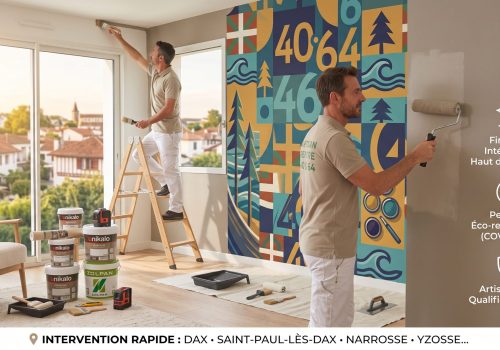 Peintre en Bâtiment à Dax (40100) : Artisans peintres effectuant des travaux de peinture intérieure et de ravalement de façade à Dax, avec une fresque murale graphique et les logos Unikalo/Zolpan.