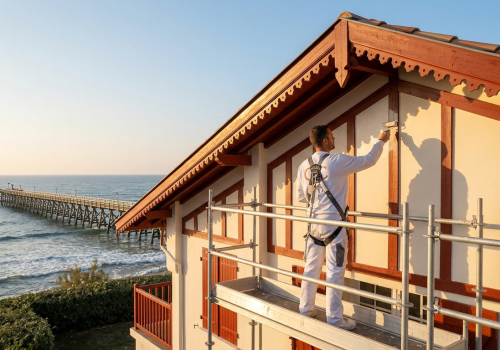 Artisan peintre effectuant le ravalement de façade d’une villa landaise face à l’océan à Capbreton.